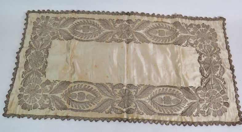 An antique finely worked silk panel with white metal thread possibly silver (80cm x42cm), plus a - Image 2 of 6