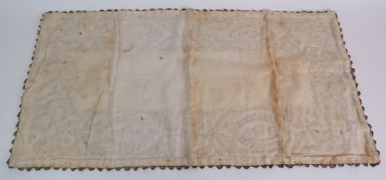 An antique finely worked silk panel with white metal thread possibly silver (80cm x42cm), plus a - Image 4 of 6