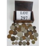 A small collection of mainly British pre decimal coinage including some silver, in a small oak