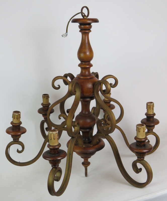 Two gilt metal and wood six branch electric chandeliers, height 70cm. (2). Condition report: Vintage - Image 3 of 3