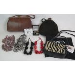 Four beaded necklaces, a box of jewellery, two vintage handbags and an Osprey zebra style pony