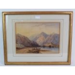 British School (19th century) - 'Mountainous lake scene', watercolour, 26 cm x 37 cm, gilt frame.