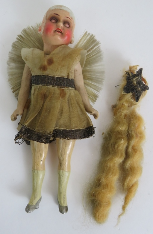 A small antique German porcelain headed doll by Armand Marseille in period angel dress with moveable - Image 2 of 4