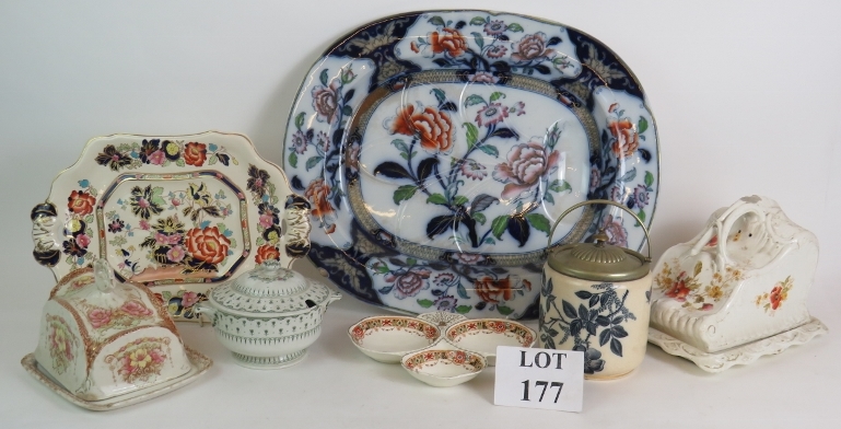 Two large Ironstone meat platters, two covered cheese dishes, a biscuit barrel, lidded tureen and