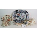 Two large Ironstone meat platters, two covered cheese dishes, a biscuit barrel, lidded tureen and
