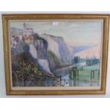 Anne T. Benthall (act. 1919) - 'Mountainous landscape with church above a river', watercolour,