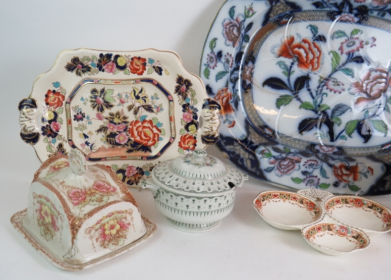Two large Ironstone meat platters, two covered cheese dishes, a biscuit barrel, lidded tureen and - Image 2 of 4