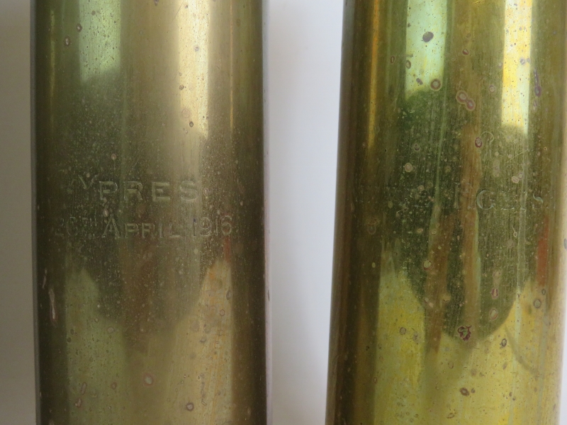 A pair of WWI British trench art shell cases, one engraved Ypres 26th April 1916, one engraved Neuve - Image 2 of 3