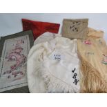 A vintage Chinese silk hand embroidered shawl, a silk jacket, monogrammed silk scarf, silk pyjama