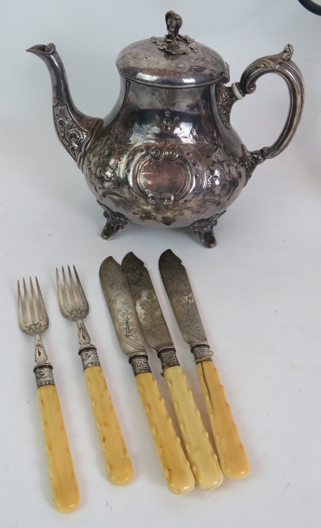 An ornate late Victorian silver plated teapot and jug, a two branch candelabra and a quantity of - Image 2 of 4