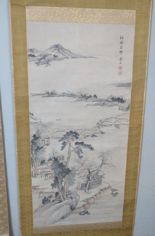 Two hand painted Chinese silk scrolls each depicting traditional landscapes, both signed. One boxed. - Image 3 of 6