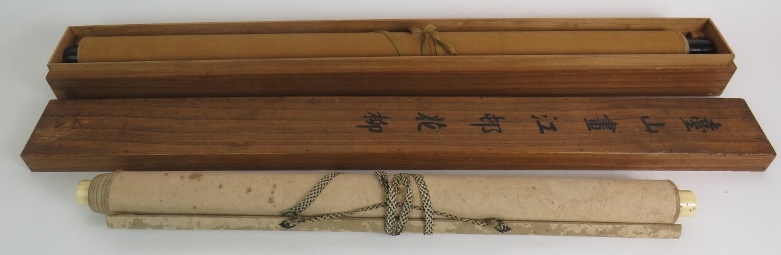 Two hand painted Chinese silk scrolls each depicting traditional landscapes, both signed. One boxed. - Image 6 of 6