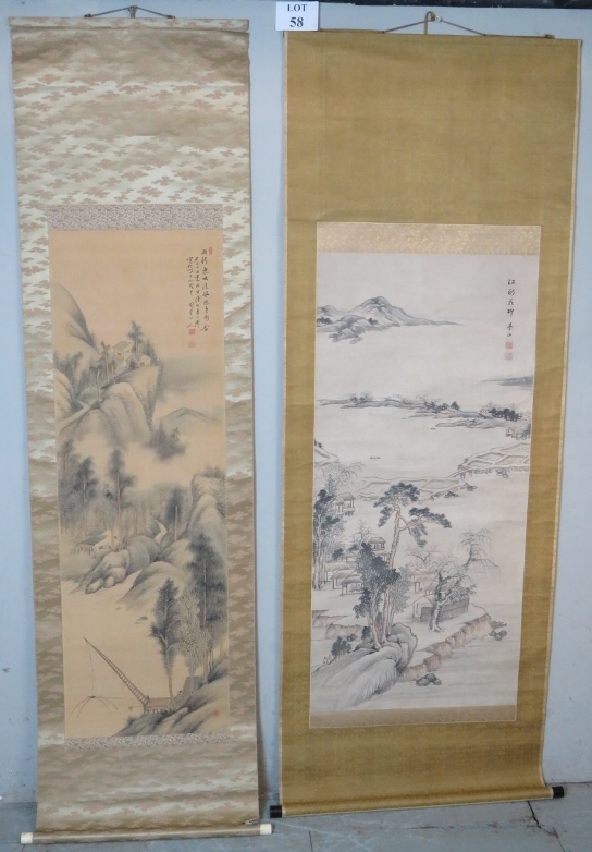 Two hand painted Chinese silk scrolls each depicting traditional landscapes, both signed. One boxed.