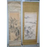 Two hand painted Chinese silk scrolls each depicting traditional landscapes, both signed. One boxed.