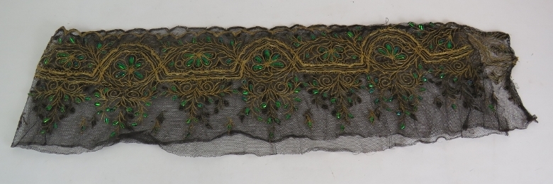 An antique finely worked silk panel with white metal thread possibly silver (80cm x42cm), plus a - Image 5 of 6