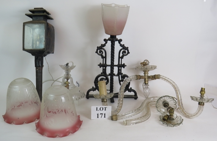 A quantity of period lighting in need of repair or rewiring including a crystal glass chandelier and