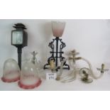 A quantity of period lighting in need of repair or rewiring including a crystal glass chandelier and