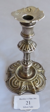 A George III silver taperstick with detachable sconce, London 1744, maker Thomas Whipham. Weight 155