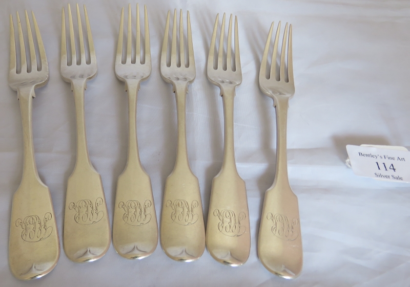 Set of 6 Exeter silver fiddle pattern dessert forks, Exeter 1855, maker John Stone. Monos to