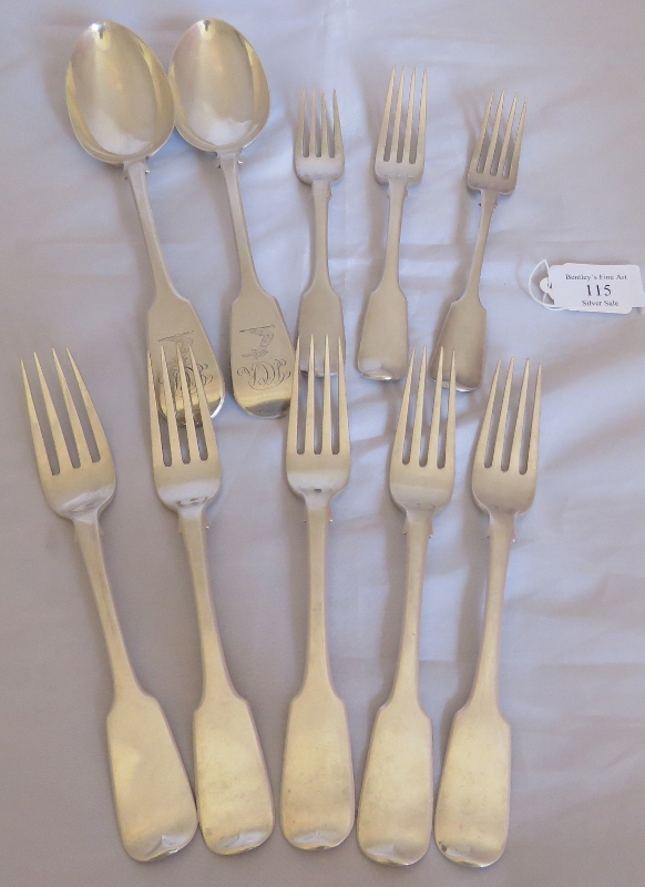 10 pieces of C19th silver flatware comprising 8 dessert forks hallmarked 5 Dublin, 2 London and 1