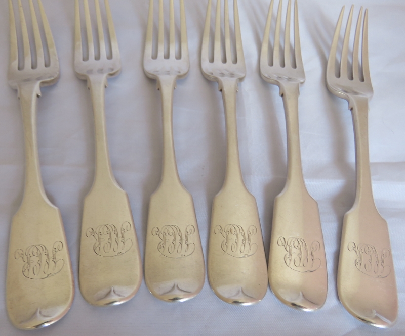 Set of 6 Exeter silver fiddle pattern dessert forks, Exeter 1855, maker John Stone. Monos to - Image 2 of 6