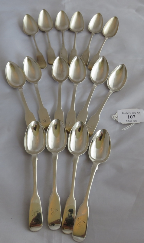 A collection of 16 antique silver teaspoons. 6 Scottish silver, Glasgow 1837, maker David