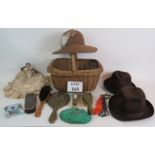 Two vintage men's Trilby hats, a ladies hat, wicker basket, doll pyjama case, brushes, mirror,
