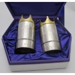 A pair of good quality and unusual silver commemorative salt & pepper grinders of cylindrical