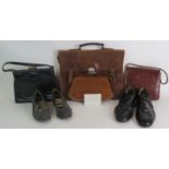 Three vintage leather Mock croc hand bags, a vintage leather briefcase and two pairs of vintage