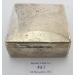 A square silver cigarette box, engraved T.S.L from E.H.W Jan 1908. Condition report: Age related
