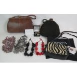 Four beaded necklaces, a box of jewellery, two vintage handbags and an Osprey zebra style pony