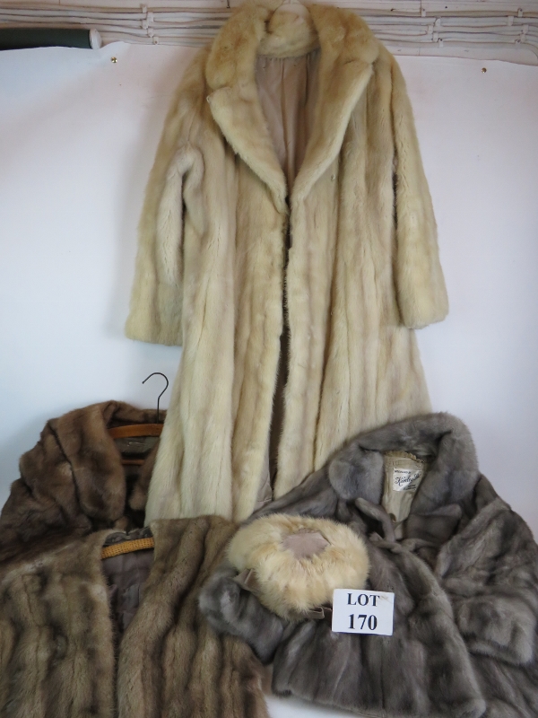 Three vintage fur coats, one with matching hat plus a vintage fur wrap. Condition report: No issues.