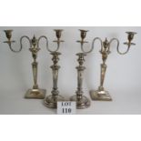 A good pair of 19th Century Sheraton style silver plated two branch candelabra with engraved tiger
