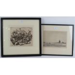 A vintage sepia etching depicting a cockerel & chickens with farm machinery, 22cm x 26cm, framed,