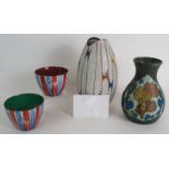 An Amery Gouda pottery vase c1920, a 1950s Handgemalt studio vase and two signed bowls. (4).