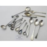 An assortment of mainly silver spoons to include a Georgian & Victorian salt spoon, five fully