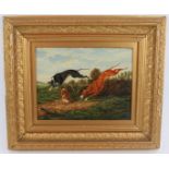 British School (late 19th/early 20th Century) - 'Hare Coursing', oil on panel, 20cm x 26cm, inset