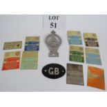 A 1930s RAC Northern India chrome car badge, a period aluminium GB car badge and ten car rally