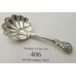 A Victorian silver caddy spoon with scalloped edge, Birmingham 1846. Condition report: Good