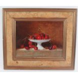 Robert McKellar (1945-2009) - 'Still life, bowl of cherries', oil on board, signed, 17cm x 22cm,