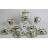 A 1920s Melba bone china Dolly Varden coffee set comprising six cups and saucers, coffee pot,