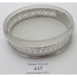 A silver mounted glass butter dish, the silver base openwork decoration and plaque 'From the
