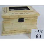 A contemporary decorative bone clad trinket or jewellery box with picture inset to lid. Width