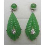 Natural carved jade earrings, 40mm drop, 15mm width, post back, 925.