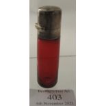 A red glass scent bottle, marked S Morden & Co. Condition report: Lacking inner stopper and some