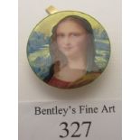 A superb enamelled brooch of the Mona Lisa, tested as 18ct yellow gold, approx 16mm across, approx