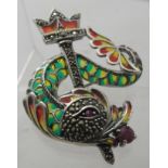 A silver Plique-a'-jour fish and trident brooch/pendant set with rubies & marcasite, approx weight