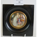 Circular miniature painting, 'interior scene with mother, 2 children, and a small dog', signed, 6.