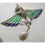 A silver Plique-a'-jour angle brooch/pendant set with a suspended cultured pearl & marcasite, approx
