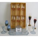 A 7 piece Art Deco glass dressing table set, six Duiske Kilkenny wine glasses, two Pratt ware